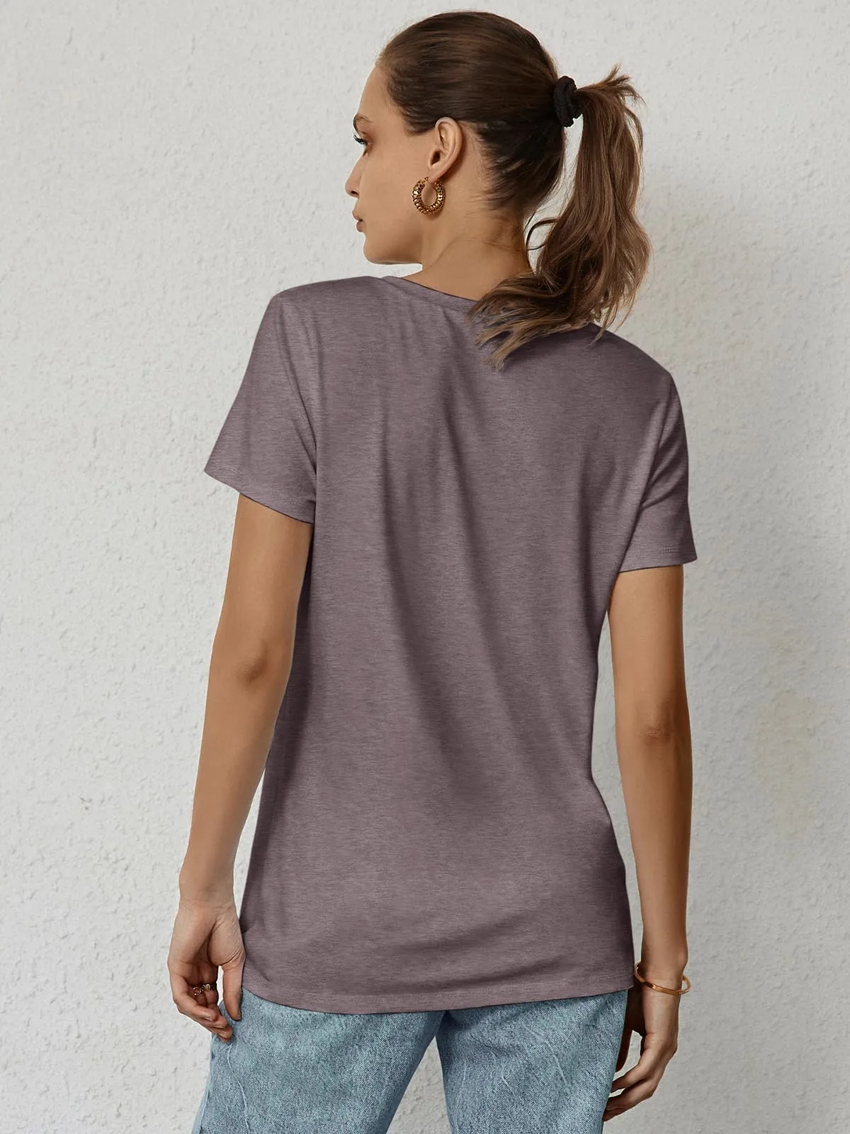 ATHMILE Womens Short Sleeve Round Neck Shirts Summer Top Fashion Basic Tee Grey Purple