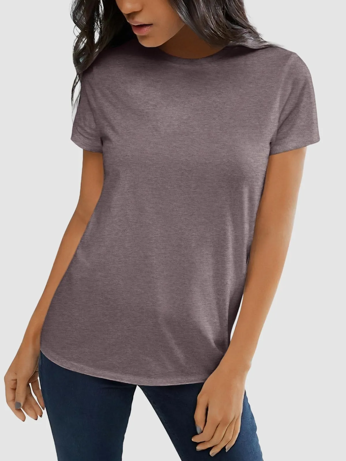 ATHMILE Womens Short Sleeve Round Neck Shirts Summer Top Fashion Basic Tee Grey Purple