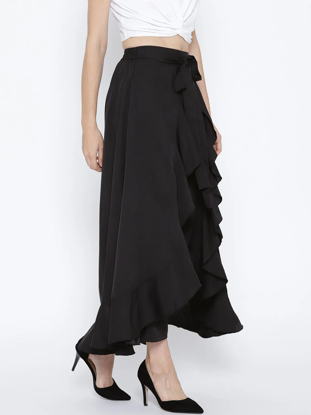 Berrylush Women Solid Black Waist Tie-Up Ruffled Maxi Skirt with Attached Trousers