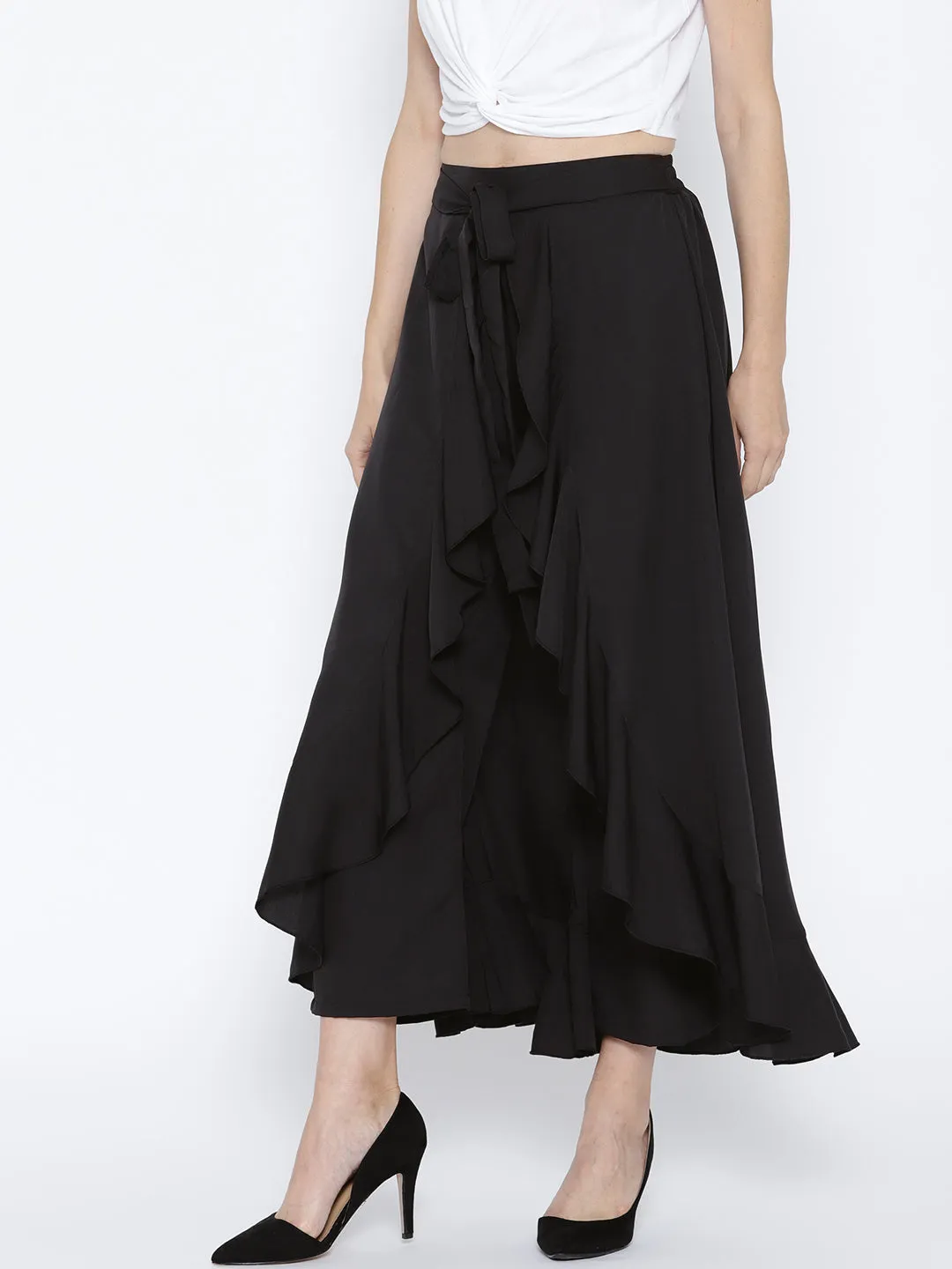 Berrylush Women Solid Black Waist Tie-Up Ruffled Maxi Skirt with Attached Trousers