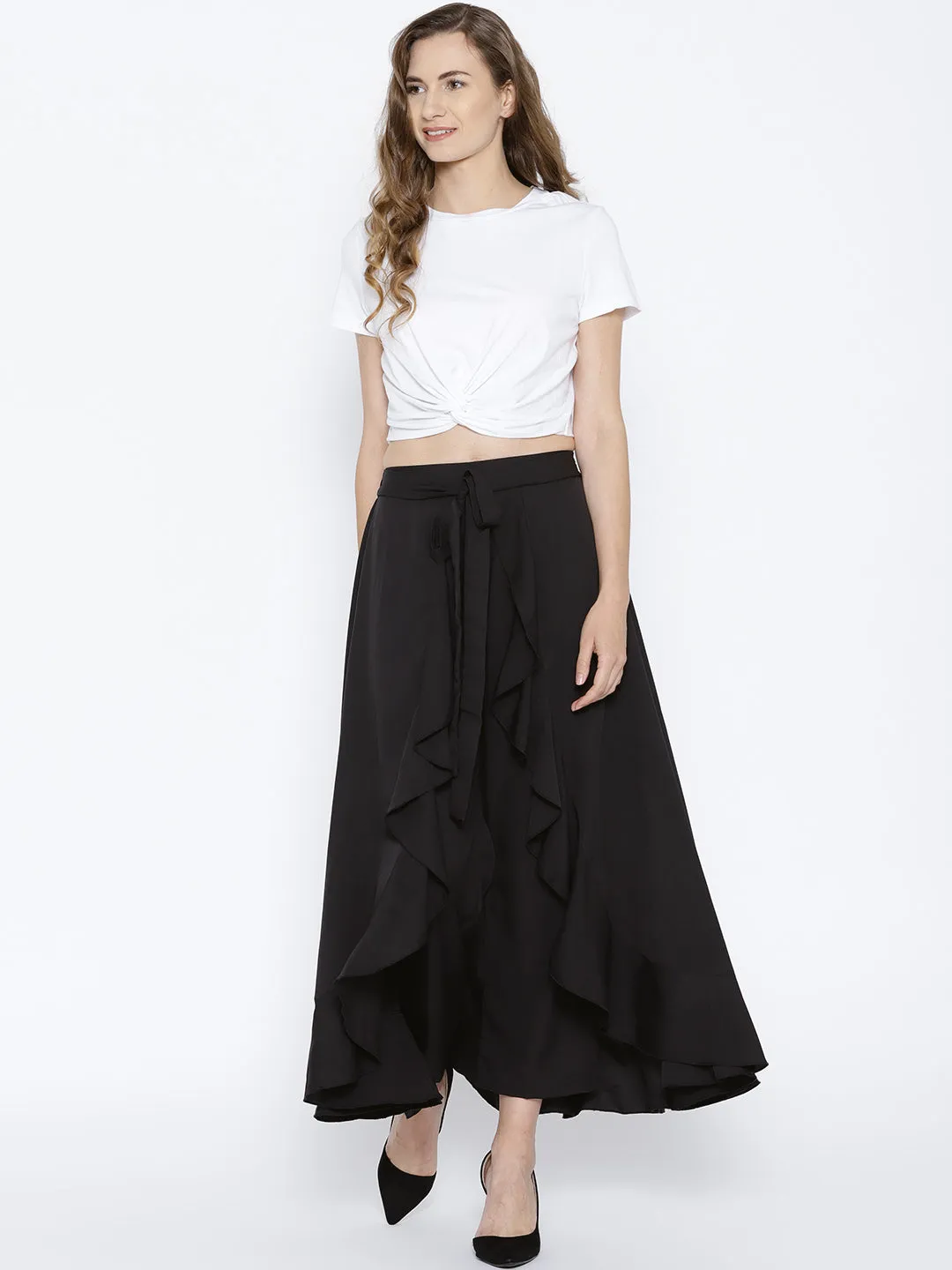 Berrylush Women Solid Black Waist Tie-Up Ruffled Maxi Skirt with Attached Trousers