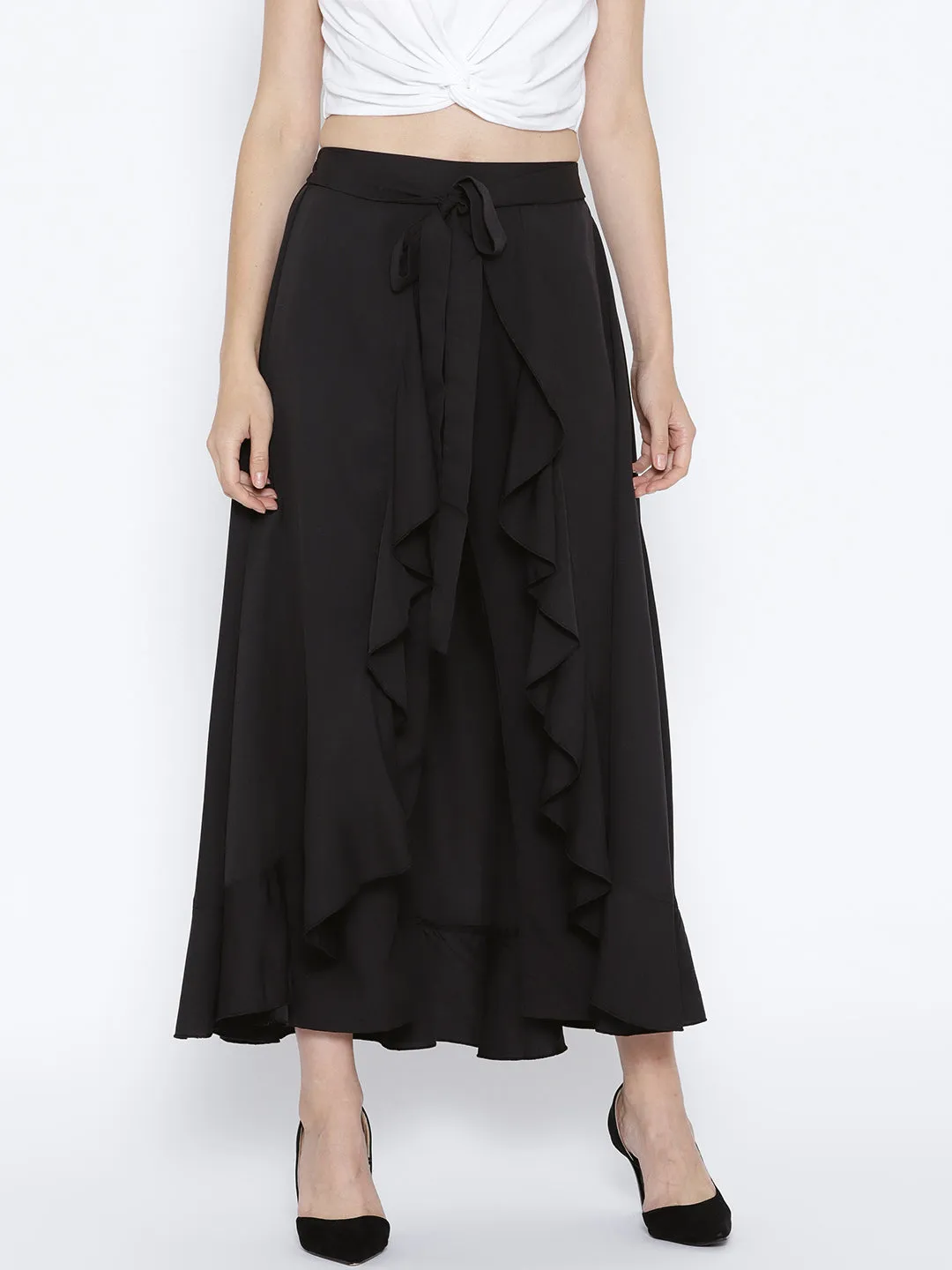 Berrylush Women Solid Black Waist Tie-Up Ruffled Maxi Skirt with Attached Trousers