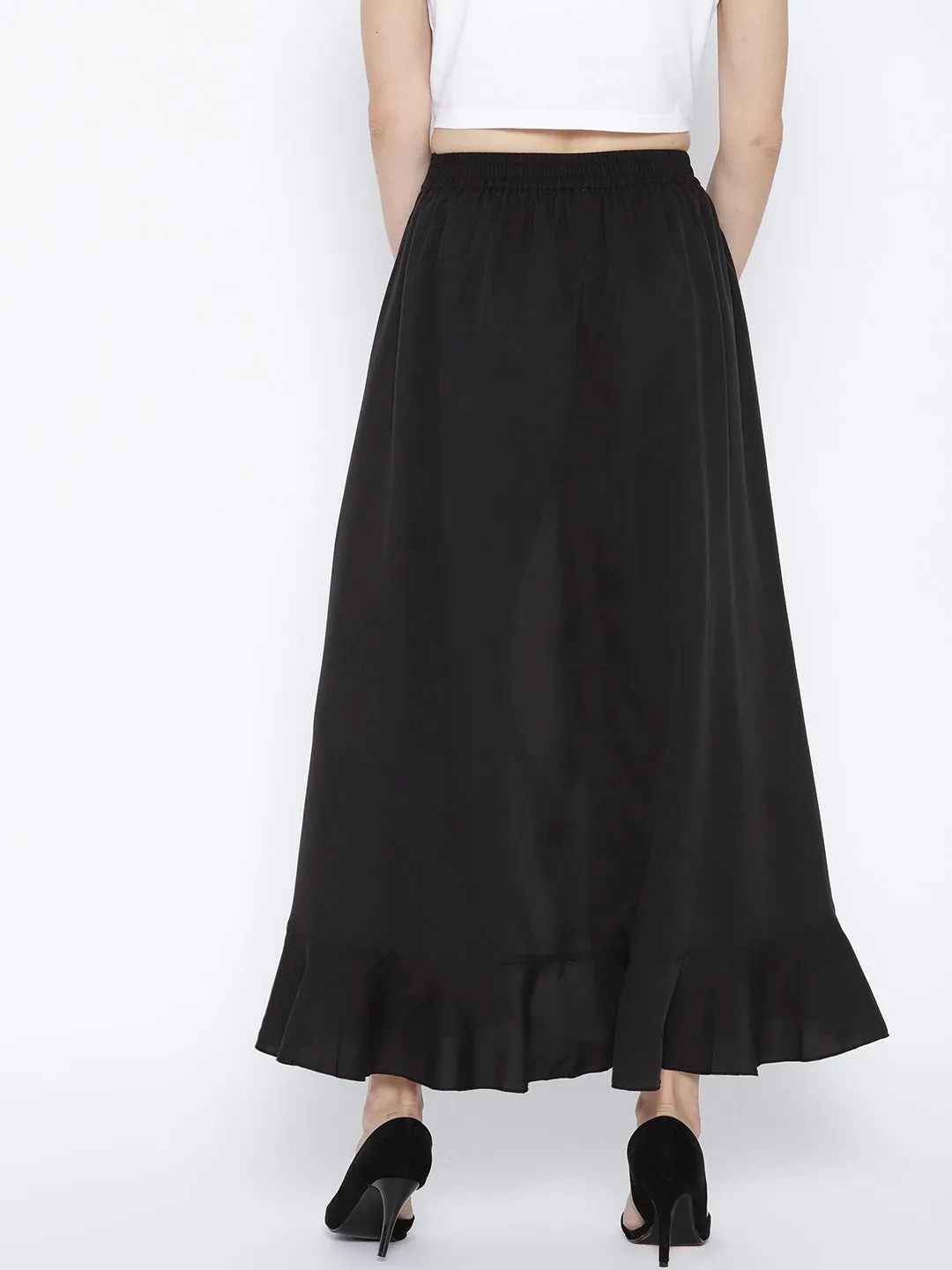 Berrylush Women Solid Black Waist Tie-Up Ruffled Maxi Skirt with Attached Trousers