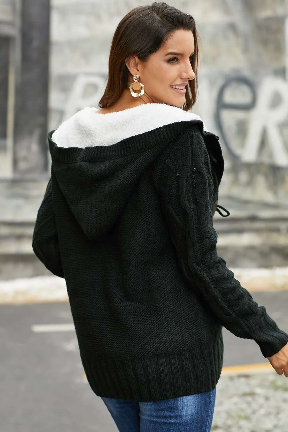 Black Fur Hood Horn Button Sweater Cardigan