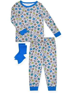 Boys 2-Piece Super Soft Jersey Snug-Fit Pajama Set with Socks - Milk & Cookies.