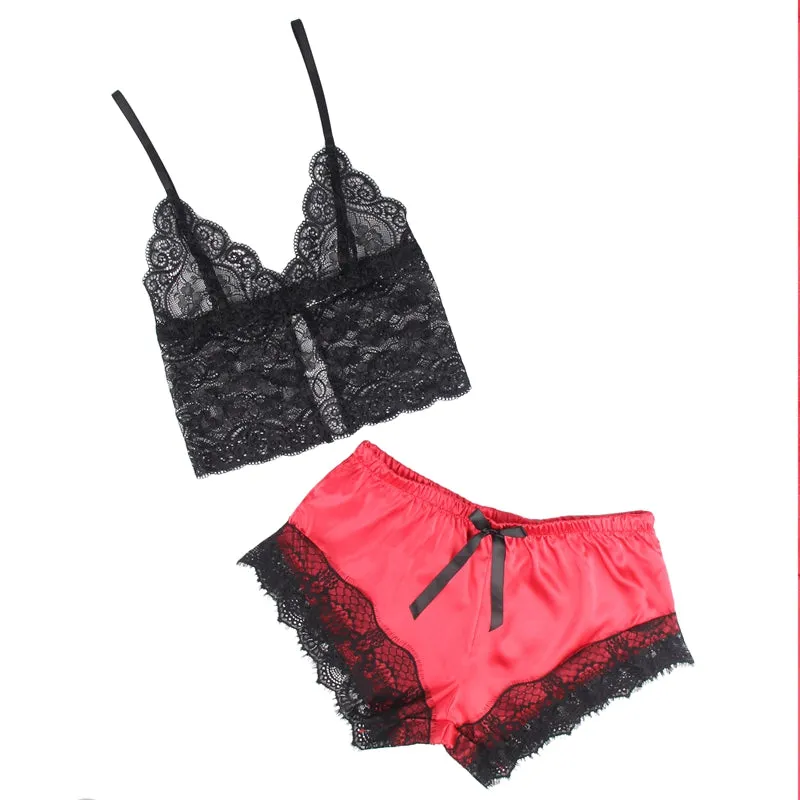 Casual Lace Silk Camisole Red Sleepwear Set