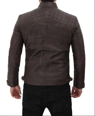 Claude Mens Biker Brown Quilted Distressed Leather Jacket