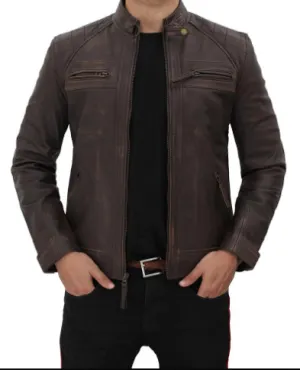 Claude Mens Biker Brown Quilted Distressed Leather Jacket