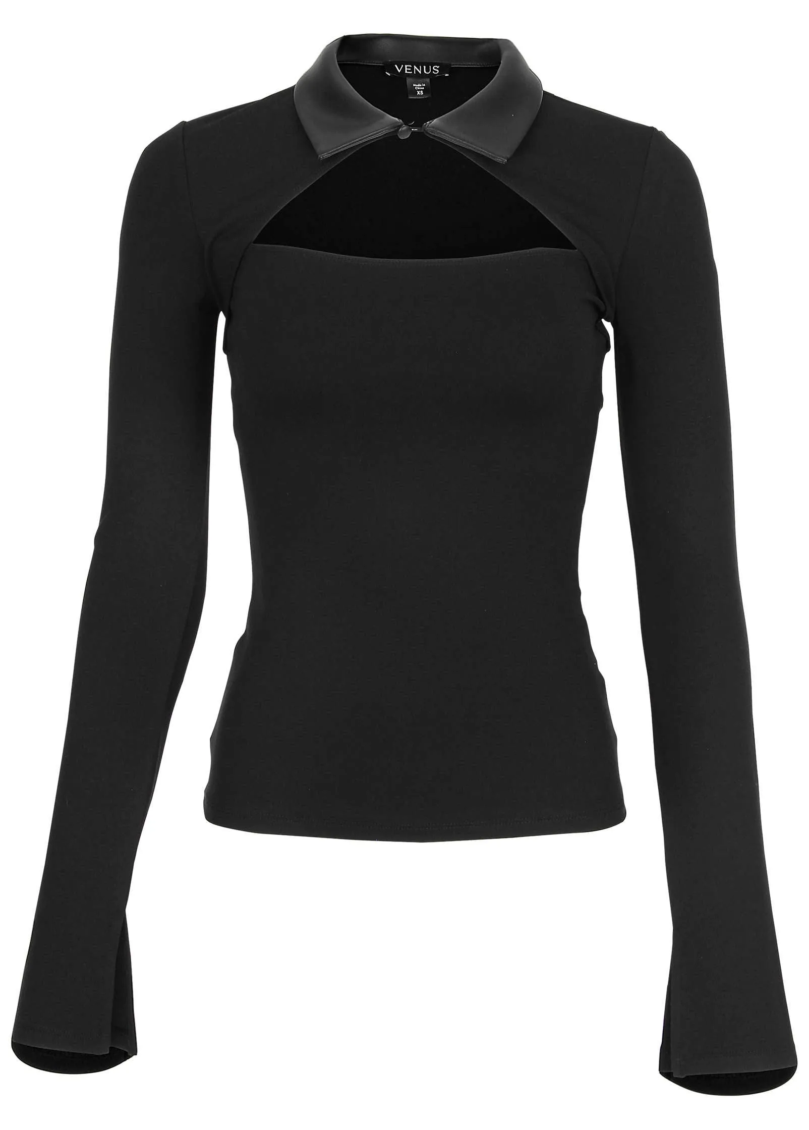 Collared Faux Leather Top - Black