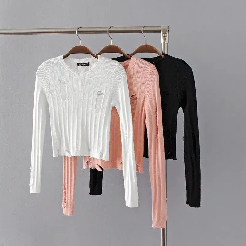 Cut Out Hole Long Sleeves Scoop Short Crop Sweater