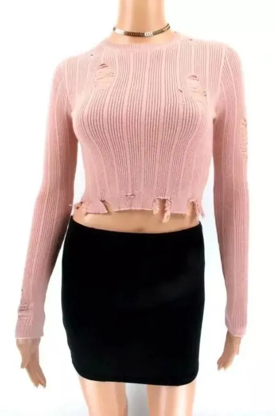 Cut Out Hole Long Sleeves Scoop Short Crop Sweater