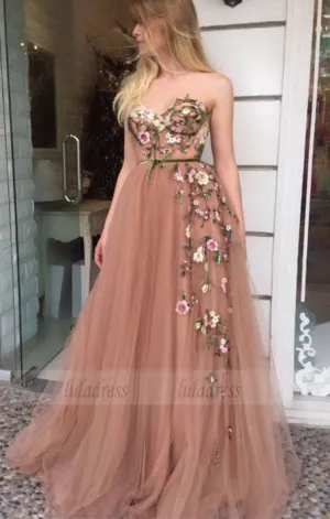 cute sweatheart a line tulle long prom dresses with flower , blush ball gown graduation party dress for teens