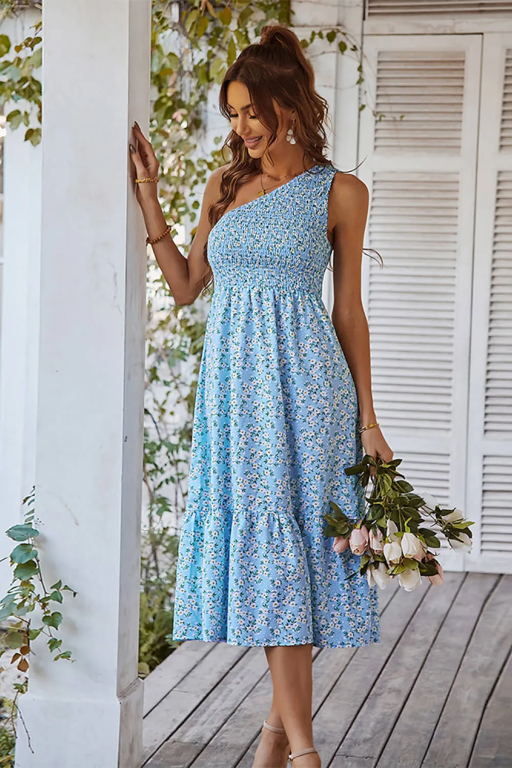 Ditsy Floral Smocked One-Shoulder Dress