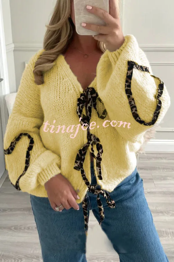 Fashionable Loose Long-sleeved Leopard Print Lace-up Knitted Sweater Cardigan