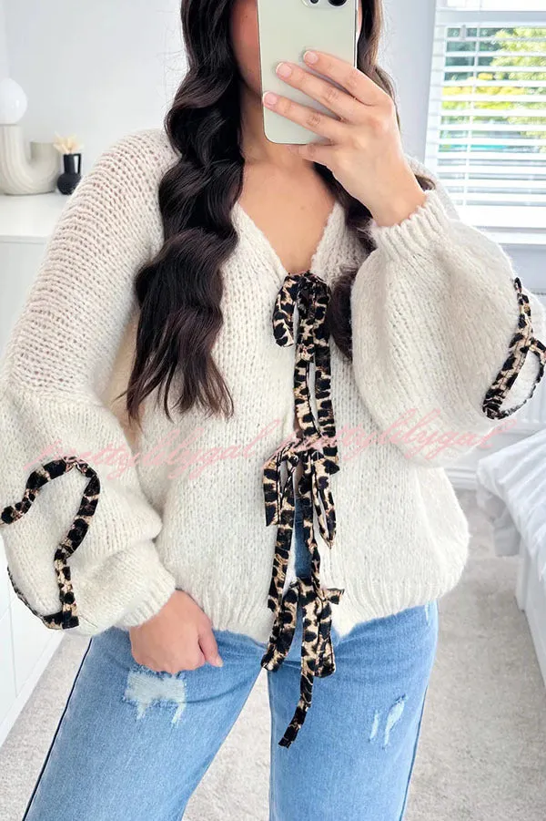 Fashionable Loose Long-sleeved Leopard Print Lace-up Knitted Sweater Cardigan