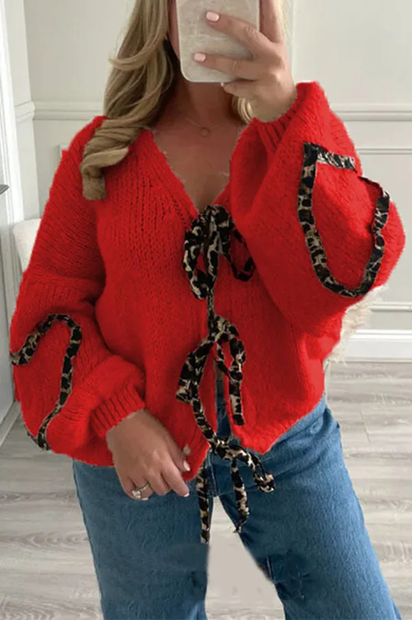 Fashionable Loose Long-sleeved Leopard Print Lace-up Knitted Sweater Cardigan