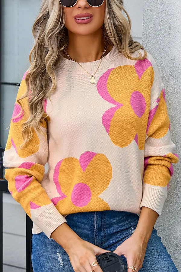 Fashionable Round Neck Long Sleeve Knitted Flowers Sweater