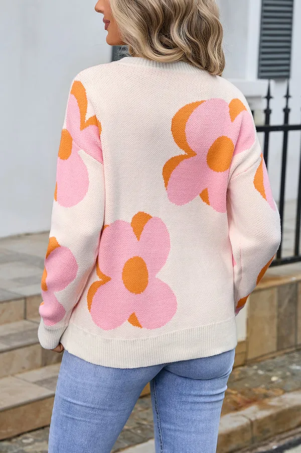 Fashionable Round Neck Long Sleeve Knitted Flowers Sweater