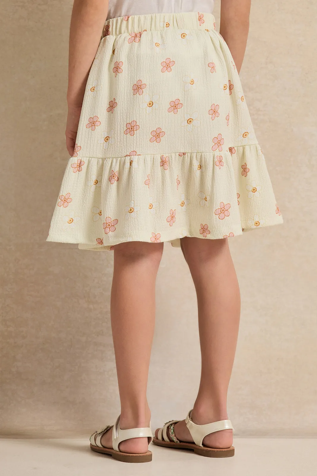 Girls Cream Flower Allover Print Skirt