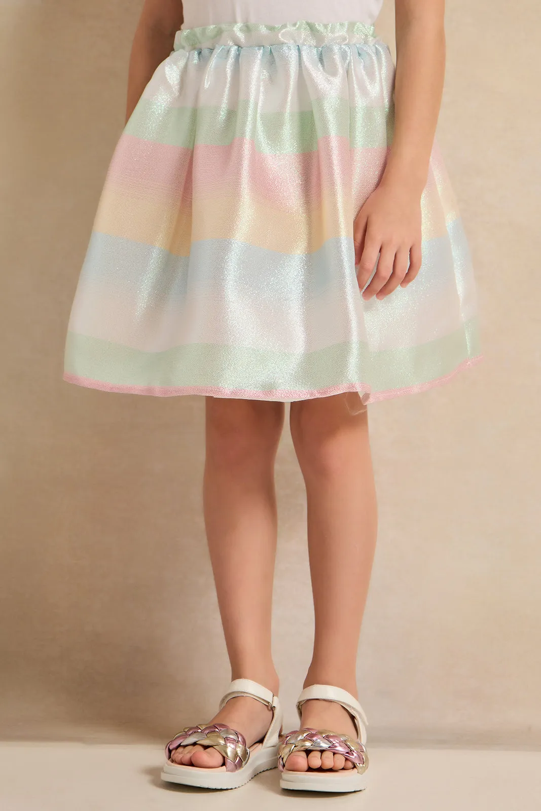 Girls Green Striped Jacquard Skirt