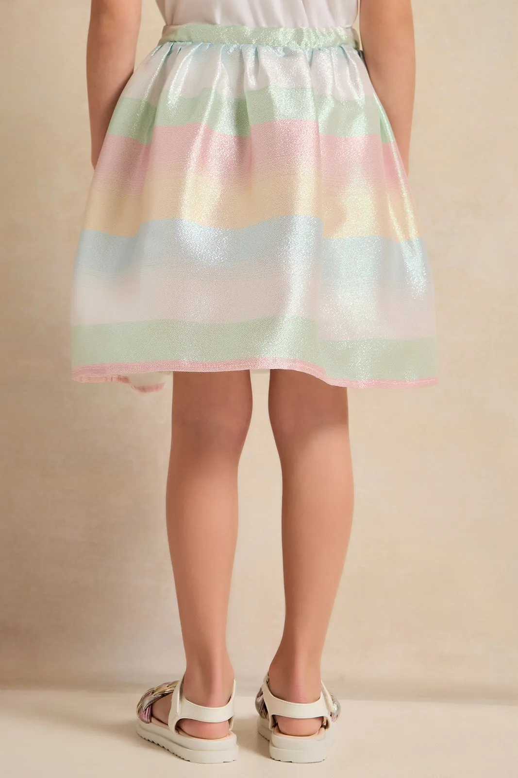 Girls Green Striped Jacquard Skirt