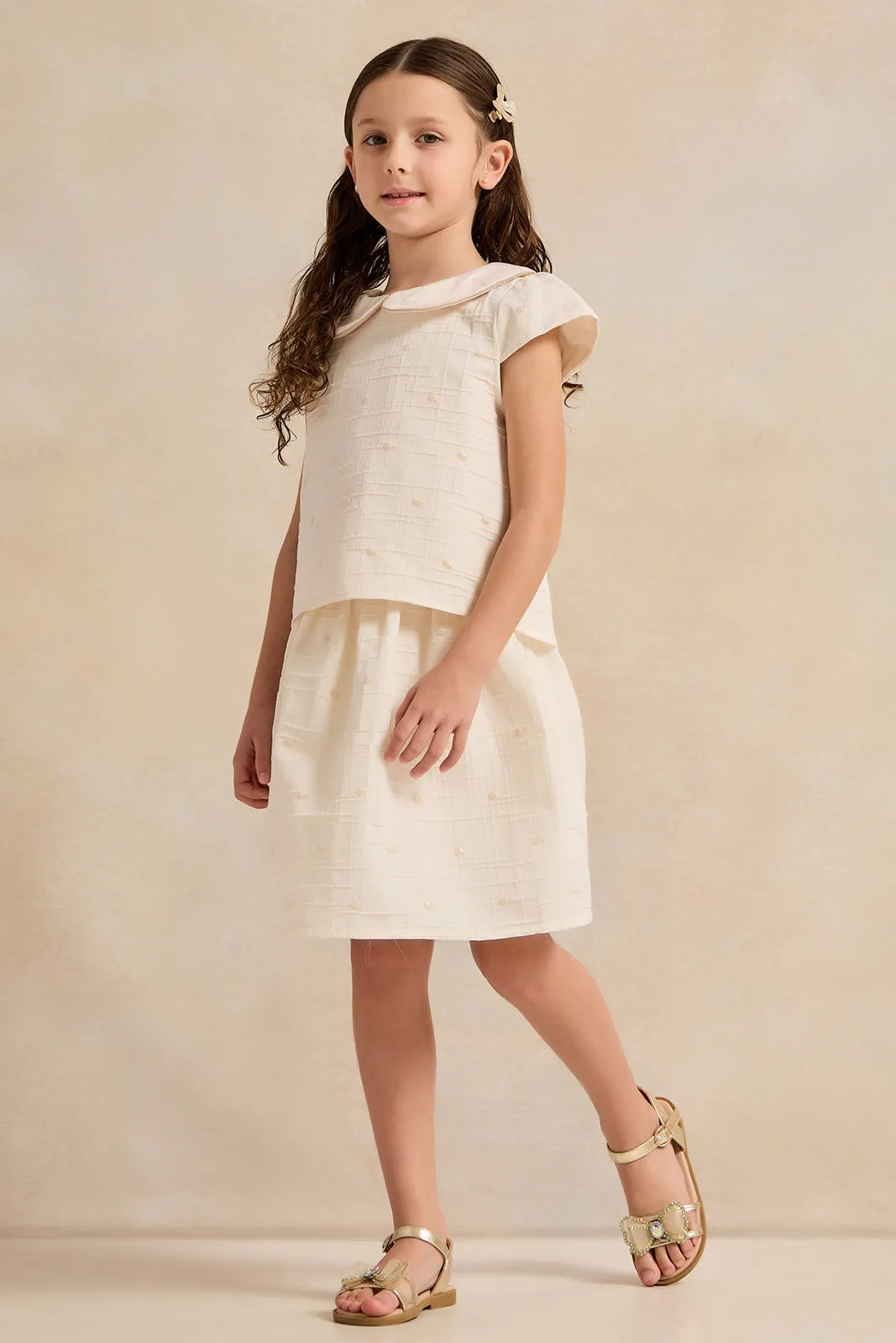 Girls Ivory Polka Dot Jacquard Skirt