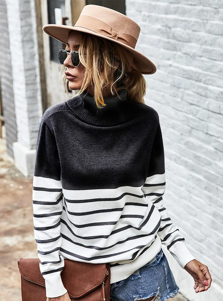 High Neck Striped Sweater Blouse