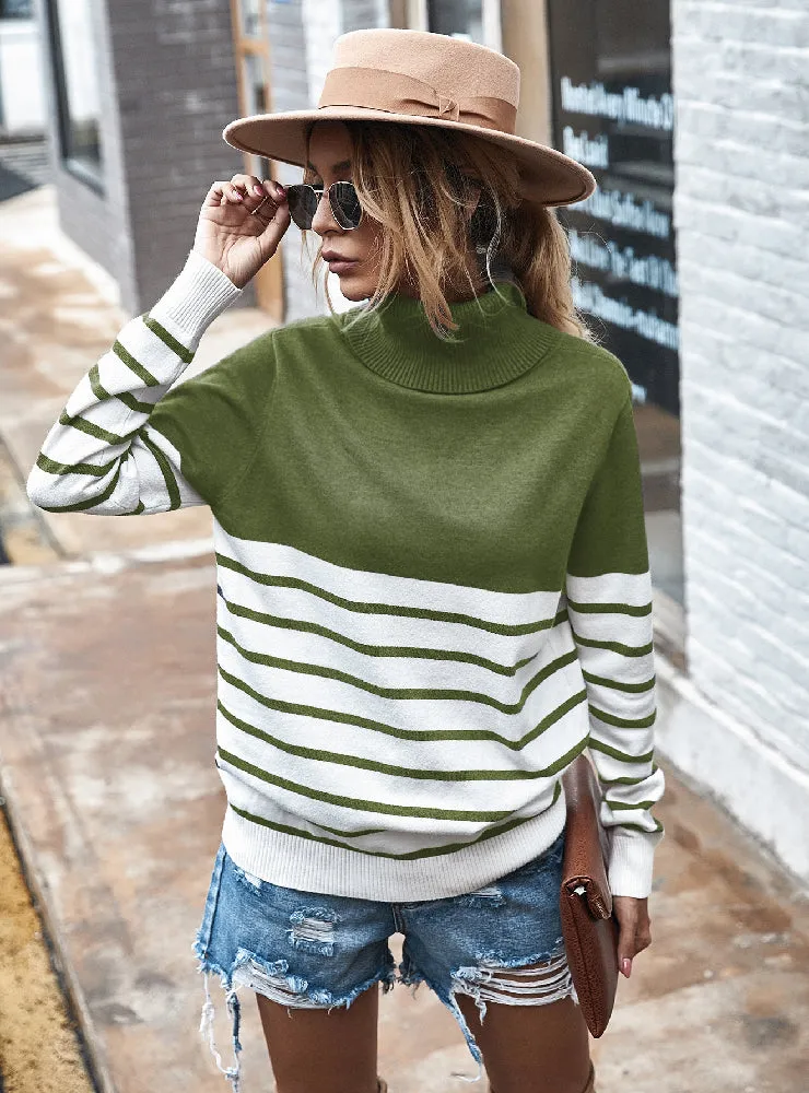 High Neck Striped Sweater Blouse