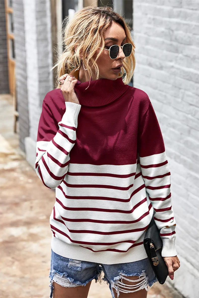 High Neck Striped Sweater Blouse