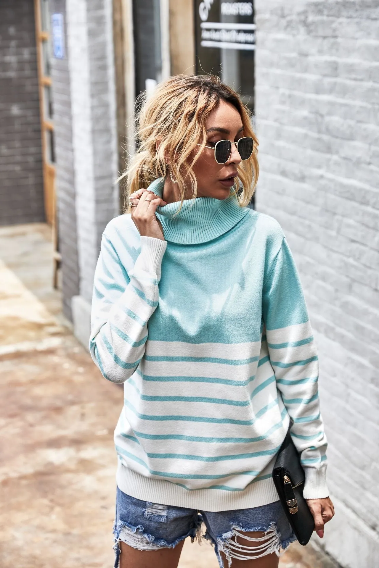 High Neck Striped Sweater Blouse