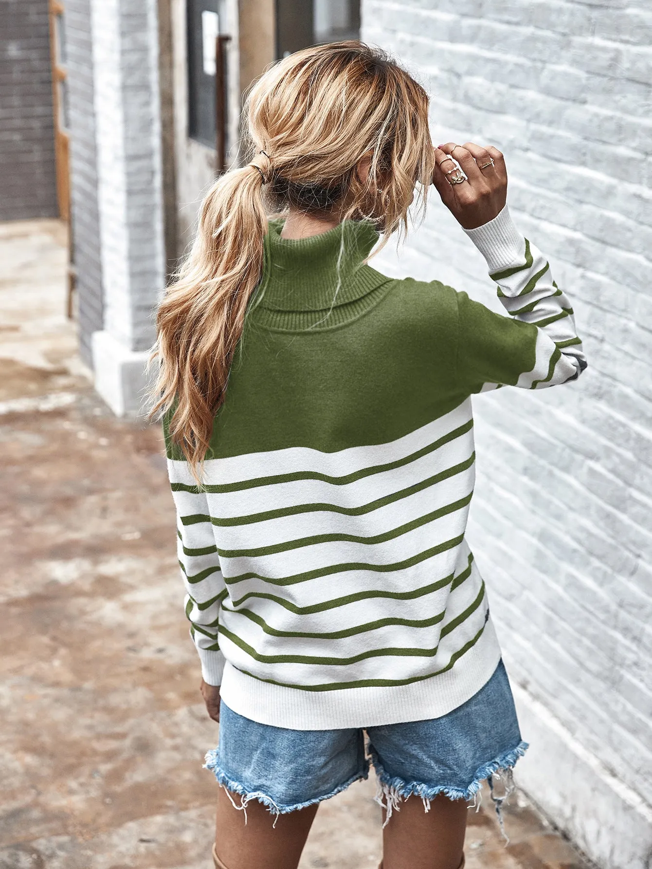 High Neck Striped Sweater Blouse