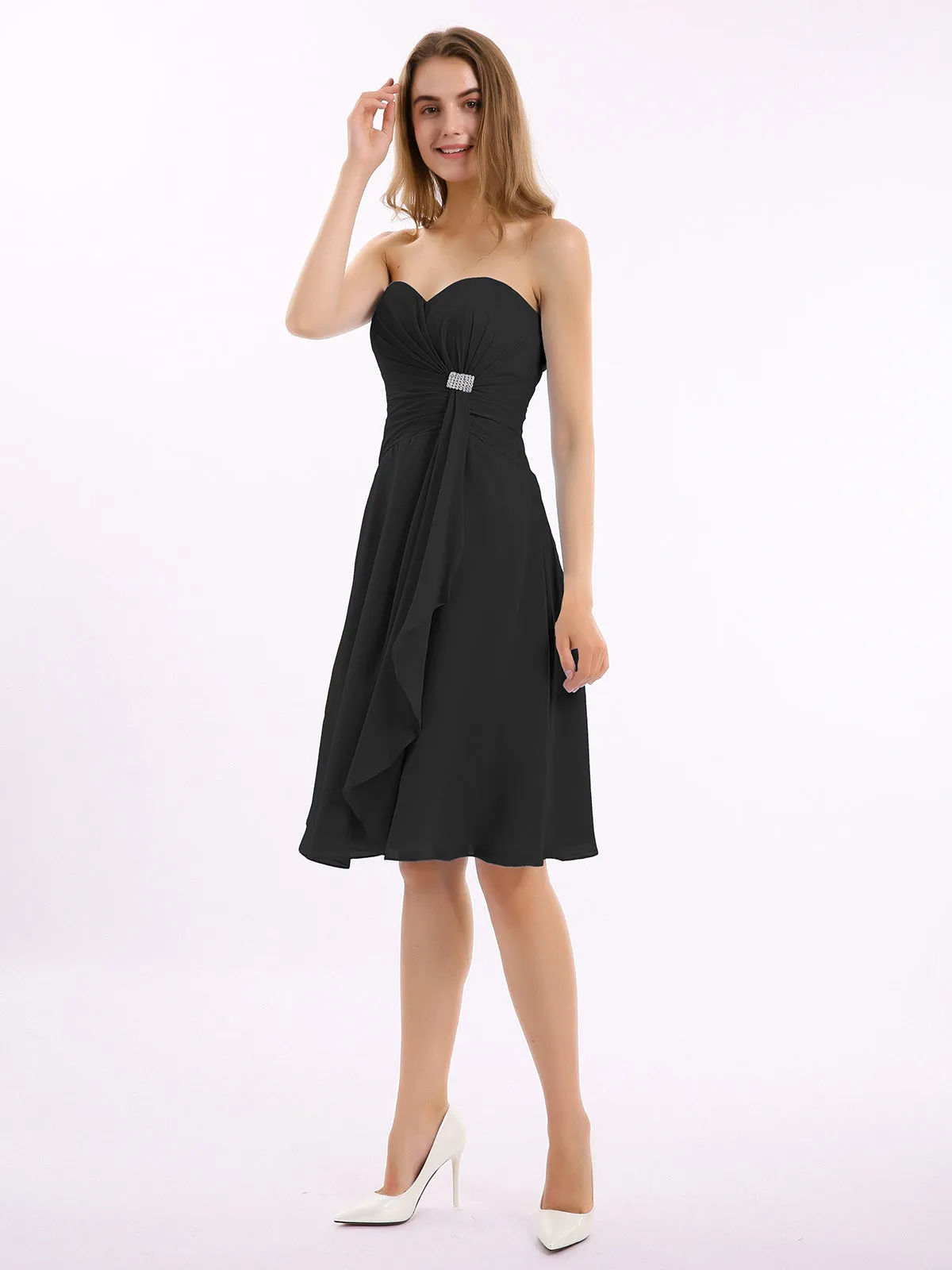 Knee Length Chiffon Dress with Sweetheart Neck-Black Plus Size