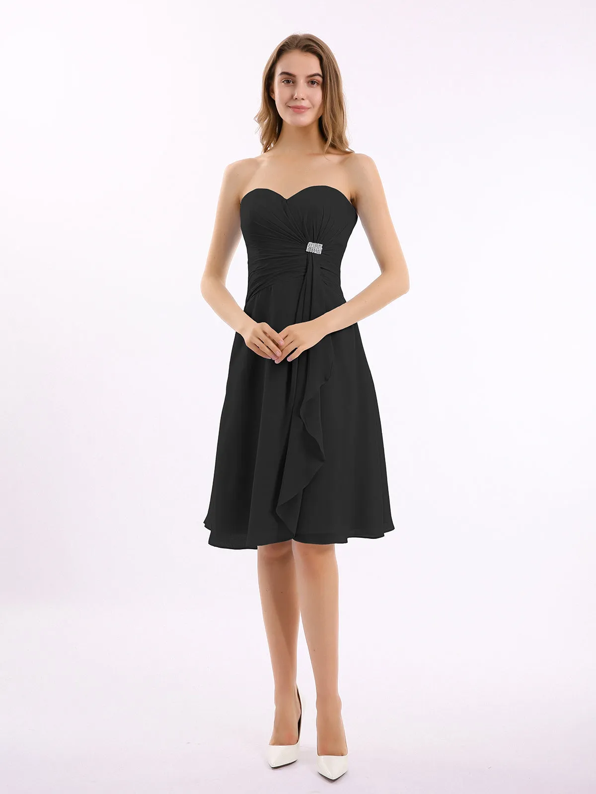 Knee Length Chiffon Dress with Sweetheart Neck-Black Plus Size