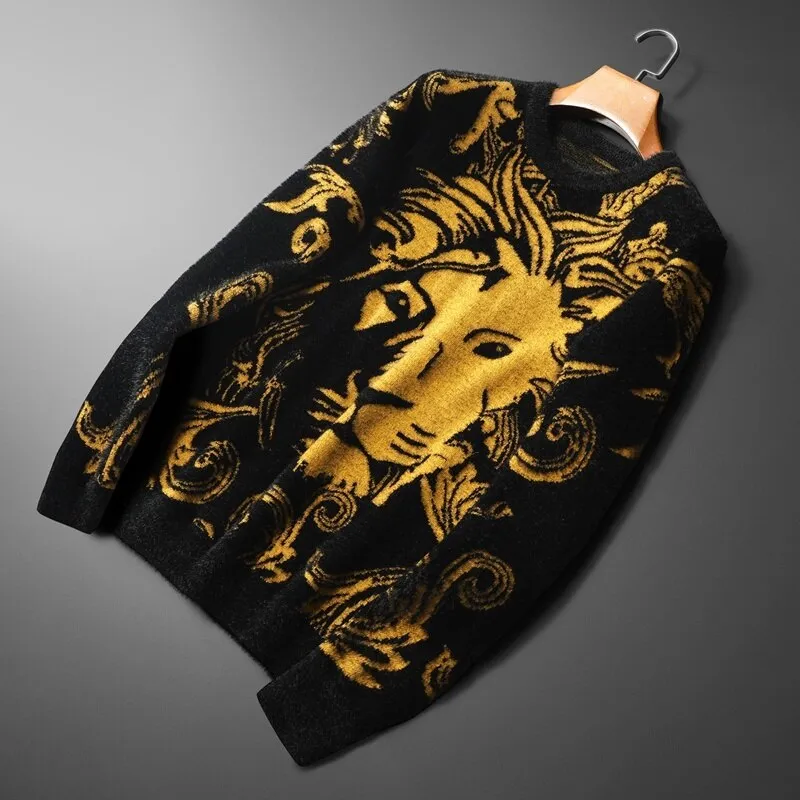 Lion Printed Black Acrylic Sweater