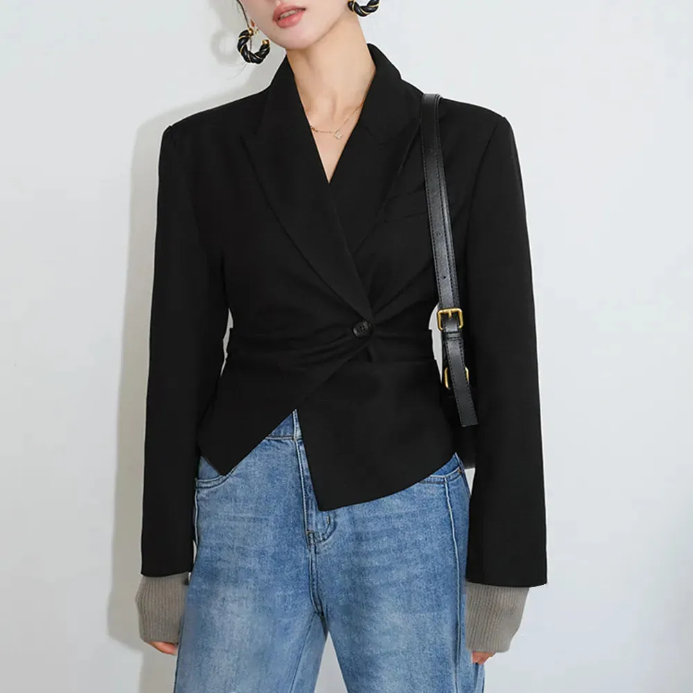 Minimalist Blazers For Women Notched Collar Long Sleeve Spliced Button Slim Blazer Female Fashion Clothing