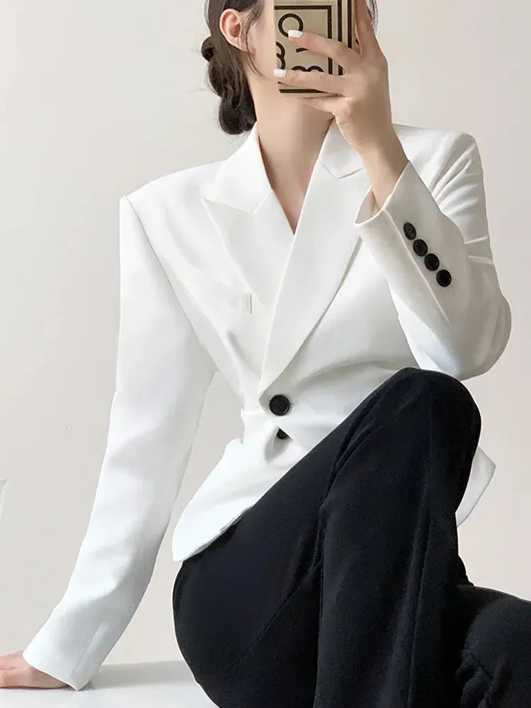 Minimalist Blazers For Women Notched Collar Long Sleeve Spliced Button Slim Blazer Female Fashion Clothing