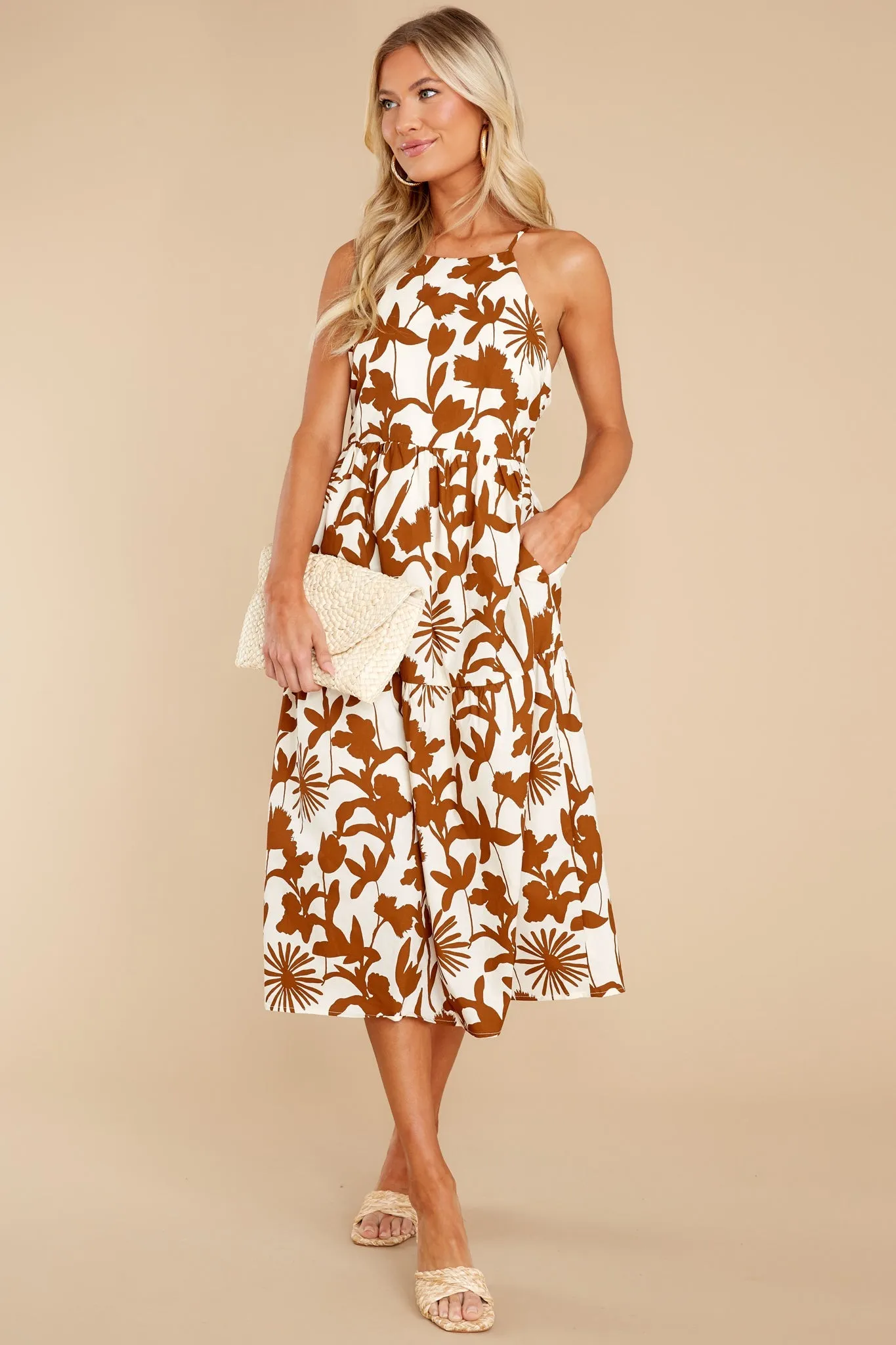 Moonlit Strolls Ivory And Copper Print Cotton Midi Dress