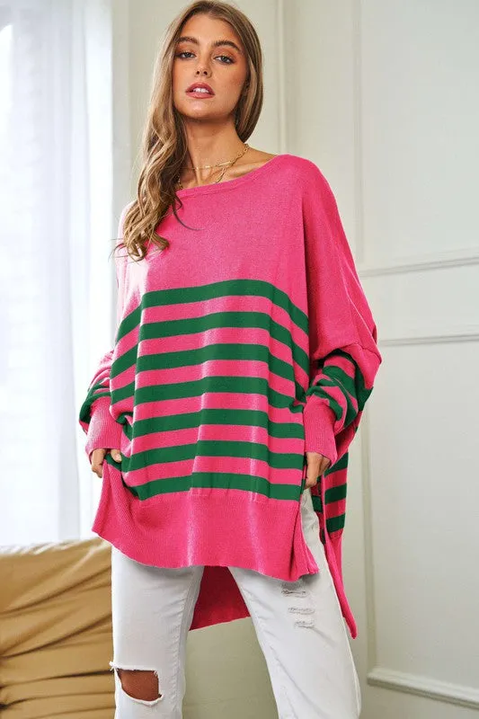 Multi Striped Elbow Patch Loose Fit Sweater Top