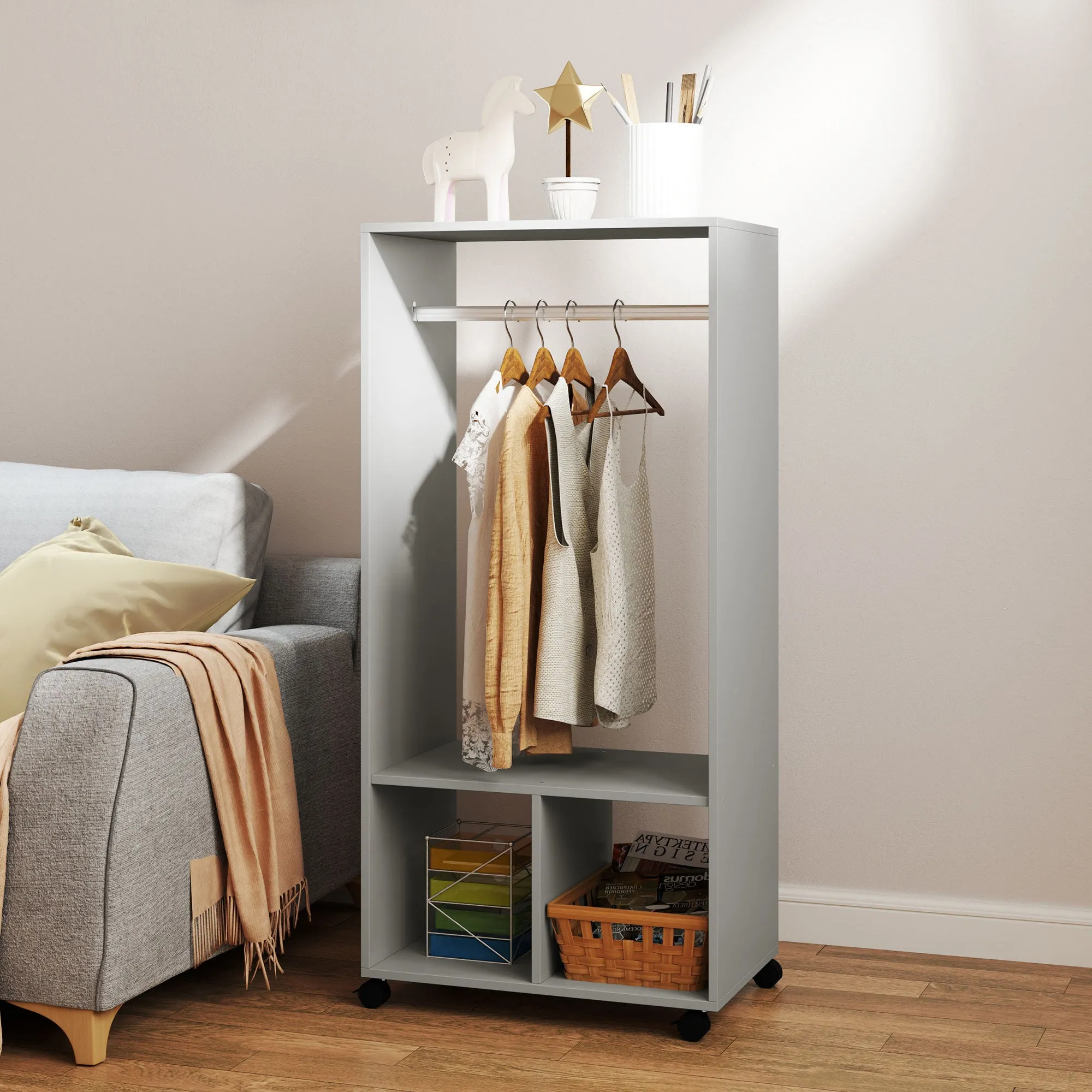 Open Wardrobe Clothes Rail Bedroom Clothes Storage Rod Shelves Grey