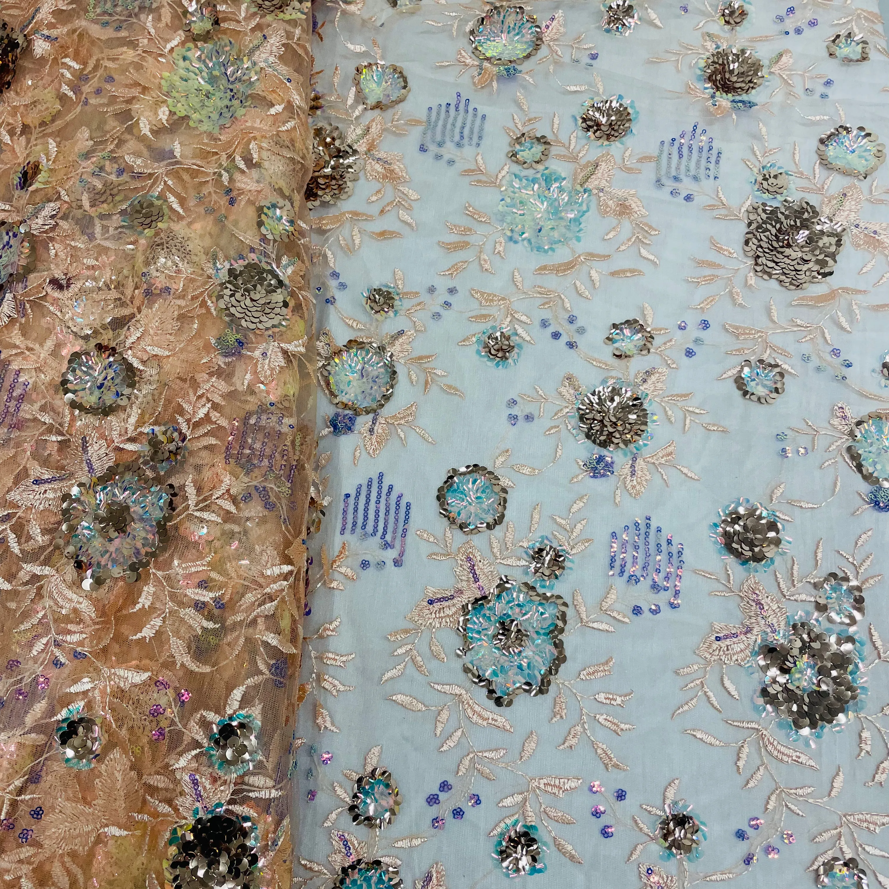 Peach Floral Embroidery Sequins Net Lycra Fabric