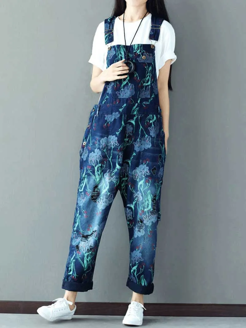 Reality Is Wrong Ripped Printed Straps Denim Overall Dungarees