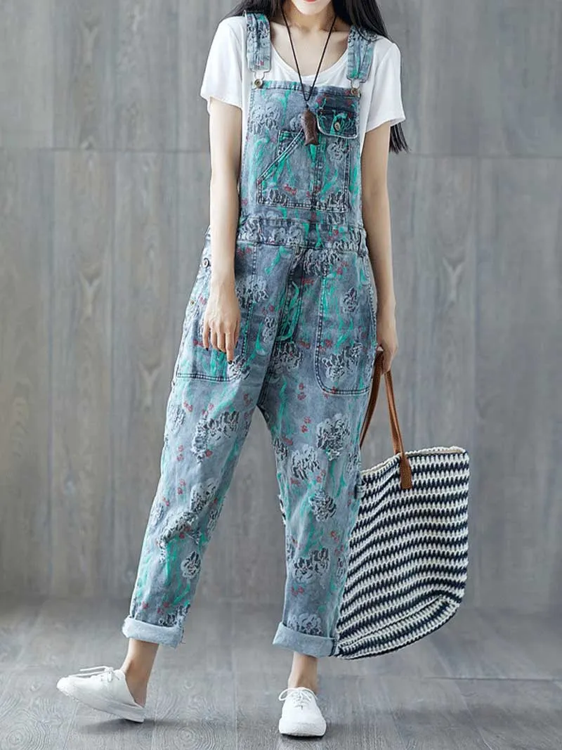 Reality Is Wrong Ripped Printed Straps Denim Overall Dungarees