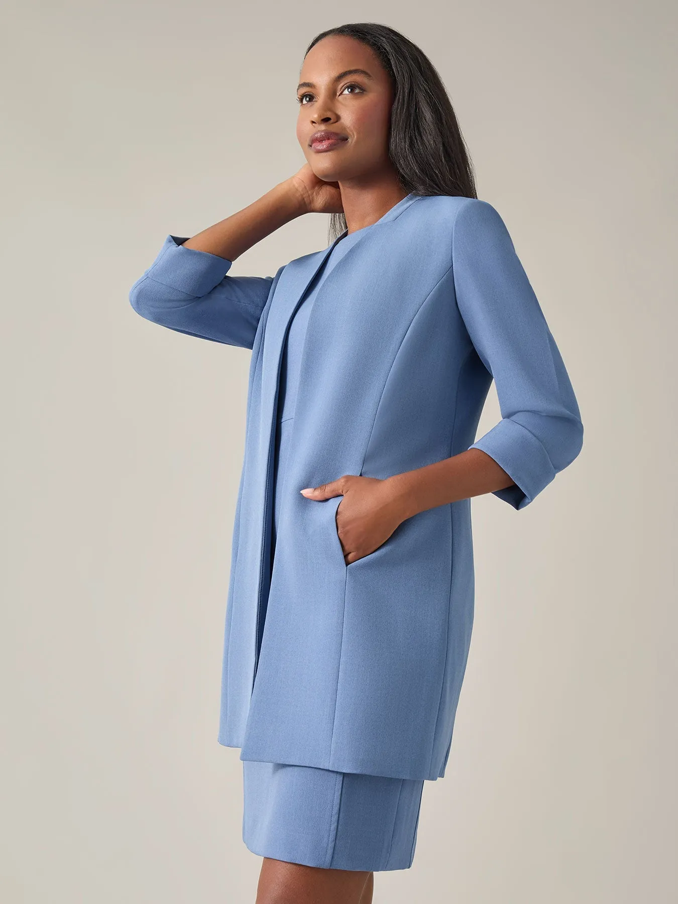 Rolled-Sleeve Topper Coat, Iconic Stretch Crepe