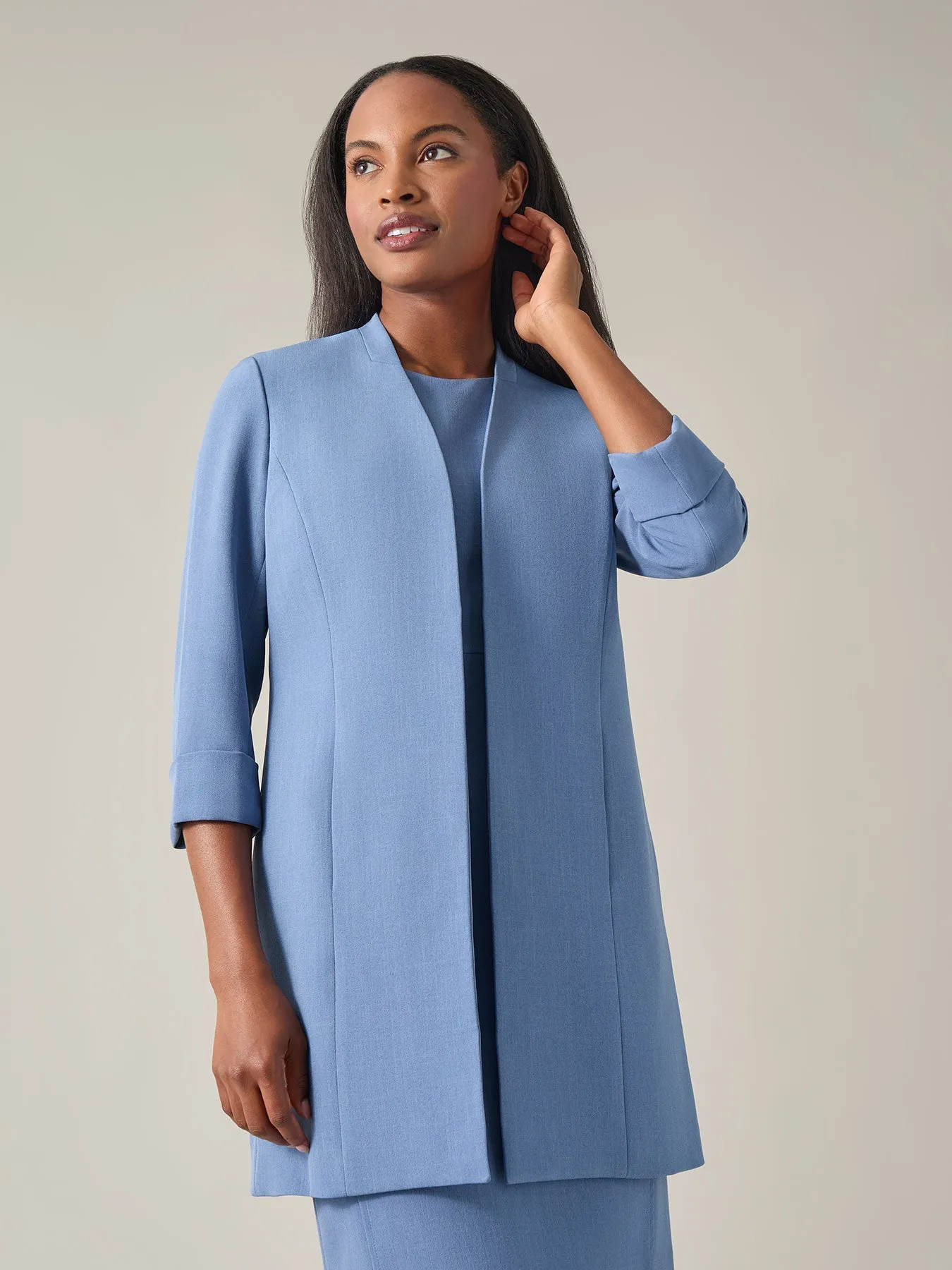 Rolled-Sleeve Topper Coat, Iconic Stretch Crepe