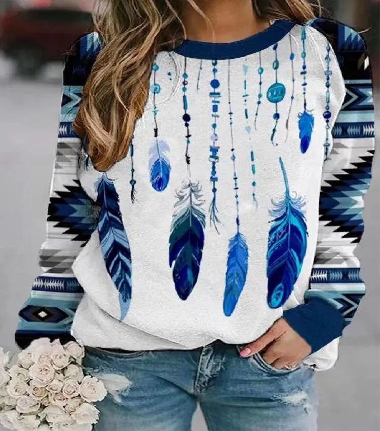 Round Neckline Vintage Print Geometry Hoodie