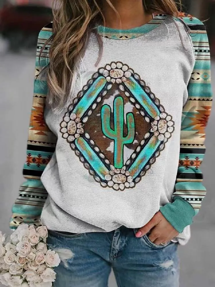 Round Neckline Vintage Print Geometry Hoodie