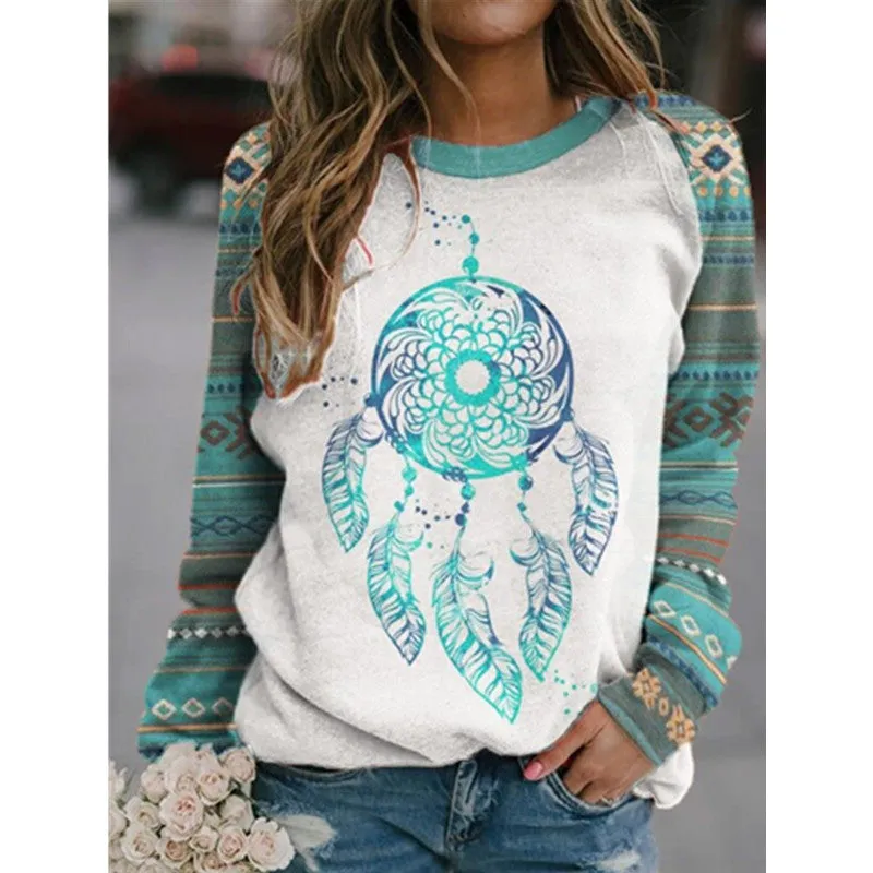 Round Neckline Vintage Print Geometry Hoodie