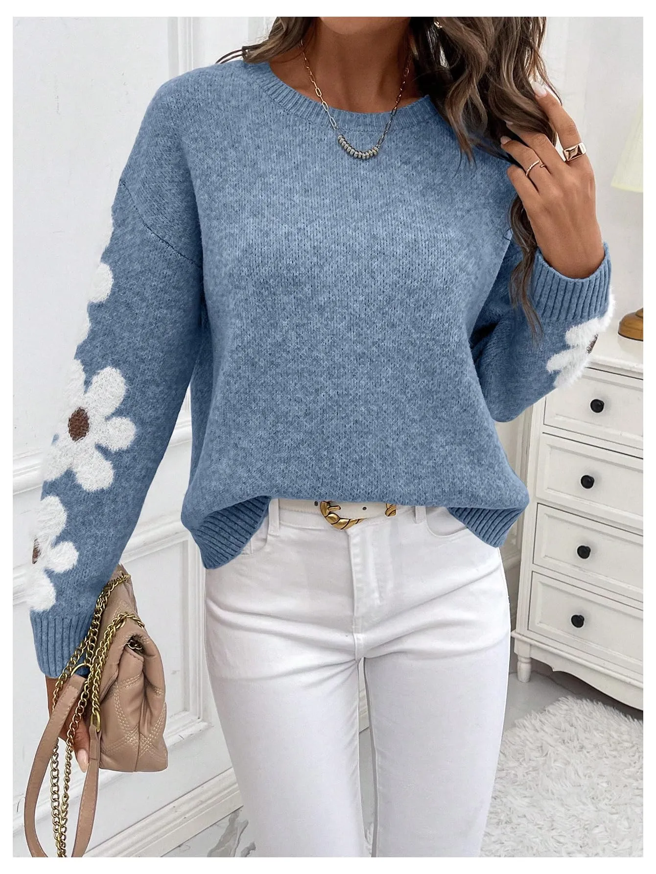 SHENHE Women's Floral Pattern Crewneck Long Sleeve Drop Shoulder Sweaters Pullover Tops Dusty Blue Large