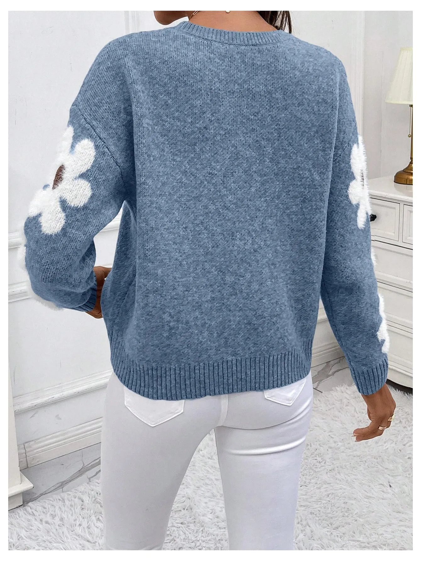 SHENHE Women's Floral Pattern Crewneck Long Sleeve Drop Shoulder Sweaters Pullover Tops Dusty Blue Large