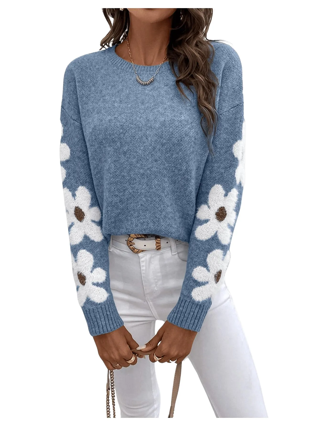 SHENHE Women's Floral Pattern Crewneck Long Sleeve Drop Shoulder Sweaters Pullover Tops Dusty Blue Large